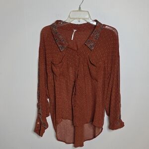 Free People Terracotta Sheer Patterned Blouse Sz MEDIUM